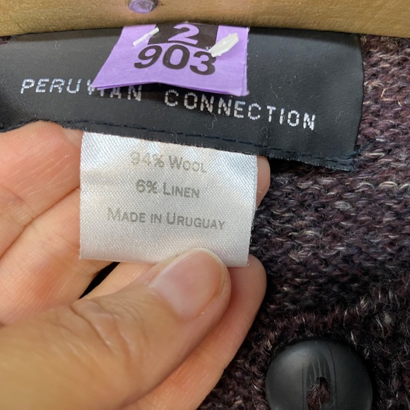 Peruvian Connection Cardigan Med Purple Open Knit Button Front Wool Linen Blend - Picture 3 of 6